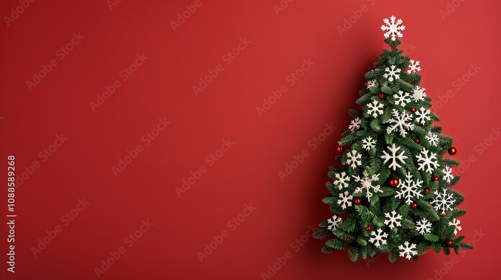 Festive Christmas tree with snowflakes on red wall. Festive Christmas tree with snowflakes on red wall.