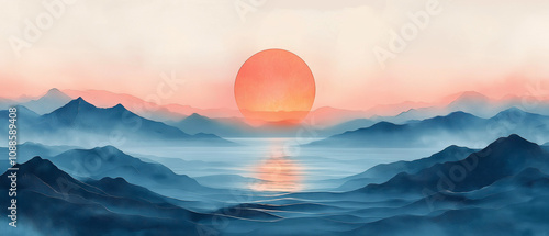Serene watercolor landscape with soft blue mountains, a vibrant red-orange sun, and misty layers, creating a tranquil and artistic composition

