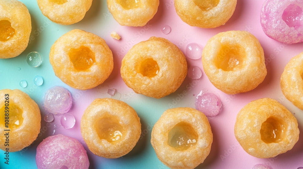 Whimsical Pani Puri on Colorful Background Whimsical Pani Puri on Colorful Background