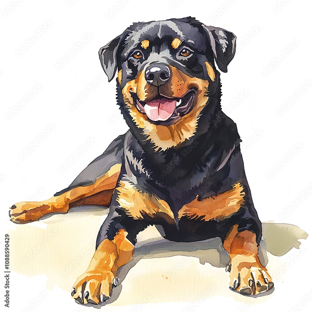 Fototapeta premium Watercolor Painting of a Happy Rottweiler Dog Lying Down. A vibrant illustration perfect for pet lovers, animal-themed projects, and more.