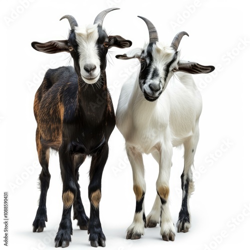 Two curious goats standing and looking at camera