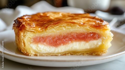 Delicious Layered Pastry with Creamy Filling and Fruity Center Served on White Plate in a Cozy Cafe Setting