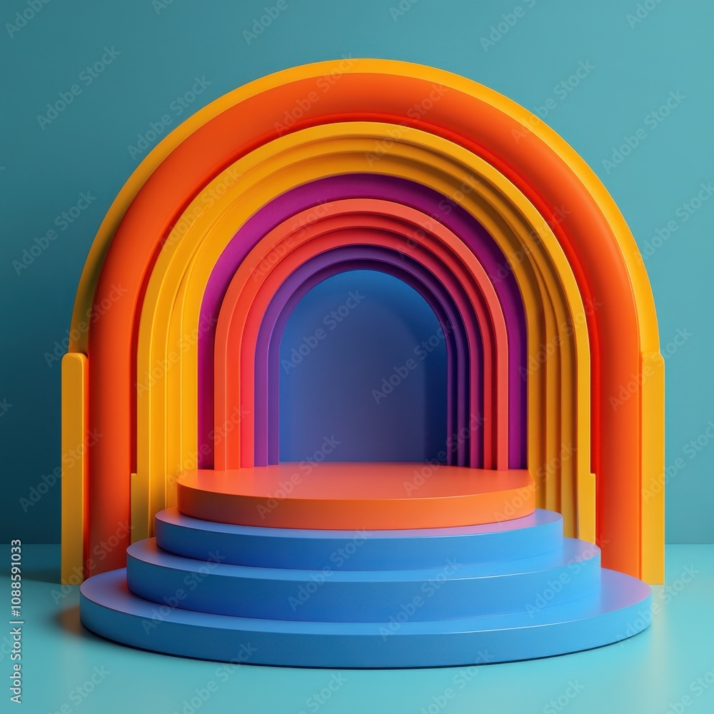 Vibrant Geometric Arch Sculpture on Blue Background Vibrant Geometric Arch Sculpture on Blue Background