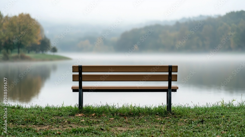 Foggy reflection on tranquil lake bench viewpoint nature photography serene environment Foggy reflection on tranquil lake bench viewpoint nature photography serene environment