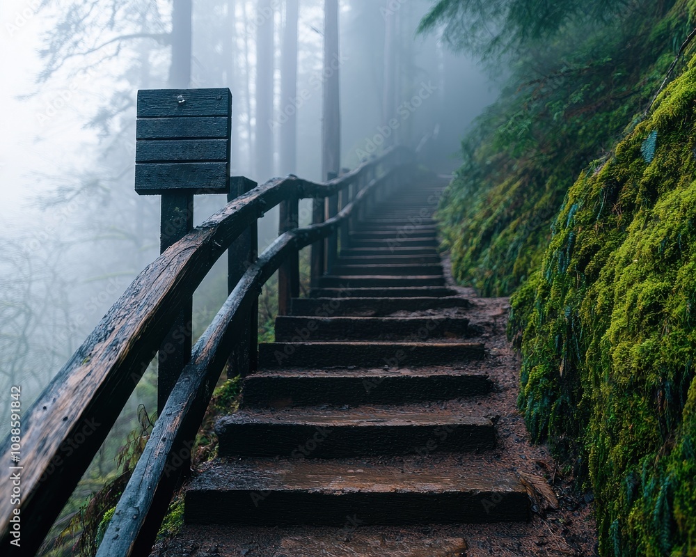 Obraz premium Misty fog trail adventure woodland path nature photography calm atmosphere serene viewpoint