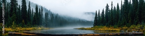 Misty river adventure lush forest nature photography calm environment serene viewpoint fog effects