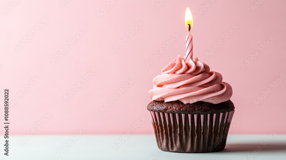 Beautifully Decorated Cupcake with Candle on Pastel Background Beautifully Decorated Cupcake with Candle on Pastel Background