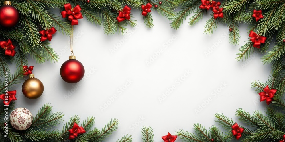 Christmas border with green branches decorated with ornaments, white Christmas border with green branches decorated with ornaments, white