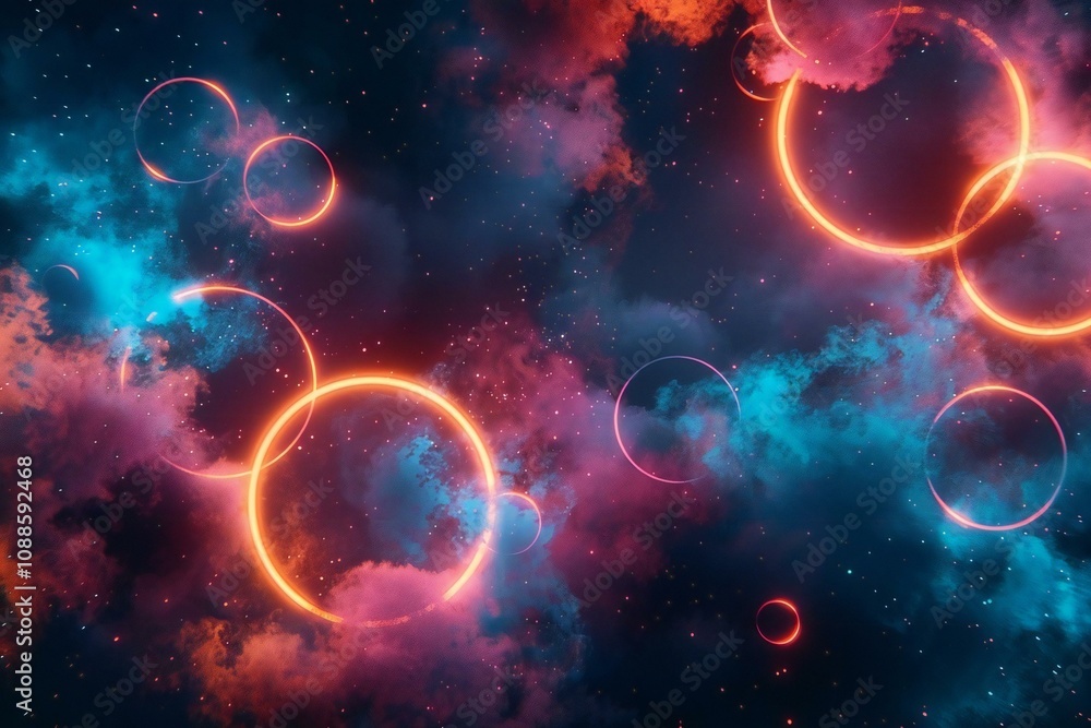 Luminous sky circles with synth wave retro wave vaporwave futuristic aesthetics, glowing neon style, horizontal wallpaper background, and stylish flyer for ad offer with bright colors Luminous sky circles with synth wave retro wave vaporwave futuristic aesthetics, glowing neon style, horizontal wallpaper background, and stylish flyer for ad offer with bright colors