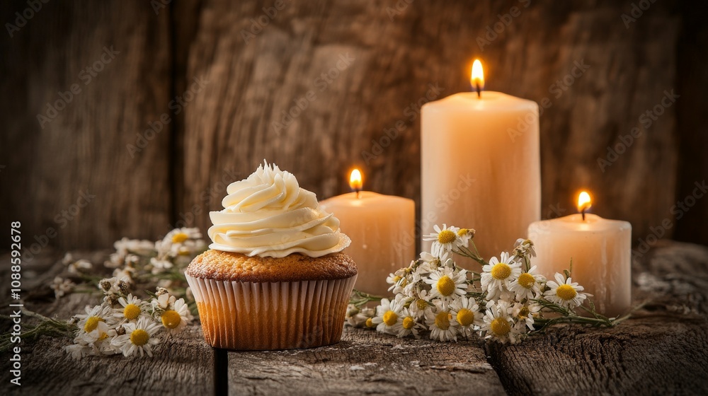 Charming Cupcake on Rustic Table with Candles and Flowers Charming Cupcake on Rustic Table with Candles and Flowers