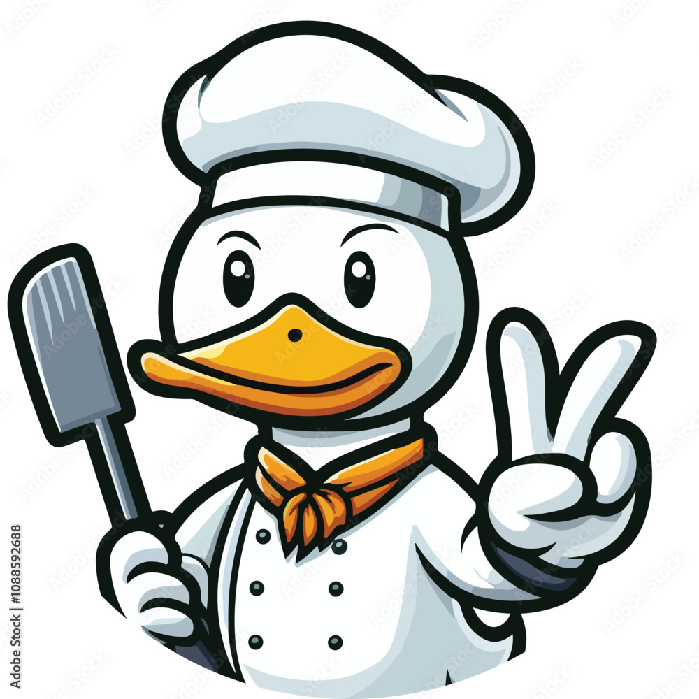 Fototapeta premium The Peking duck mascot is wearing chef outfit with v shape hand pose in flat style