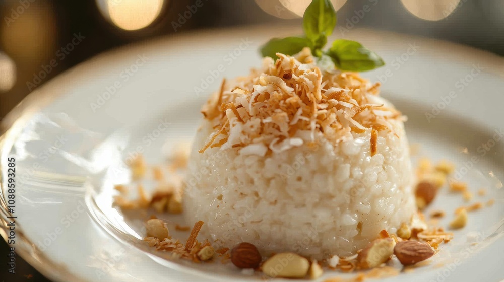 Delicious Coconut Rice Dessert with Toasted Coconut and Almond Toppings on Elegant White Plate Against a Blurred Festive Background Delicious Coconut Rice Dessert with Toasted Coconut and Almond Toppings on Elegant White Plate Against a Blurred Festive Background