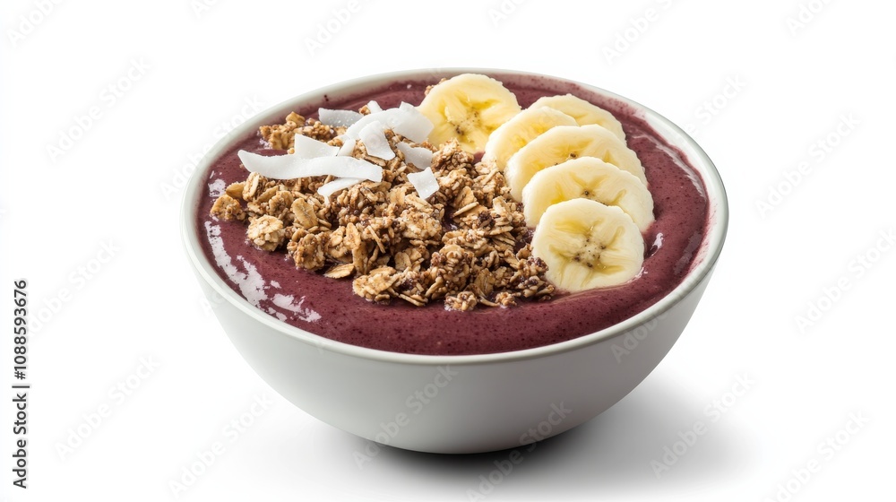 A vibrant bowl of acai smoothie topped with granola, sliced bananas, strawberries A vibrant bowl of acai smoothie topped with granola, sliced bananas, strawberries