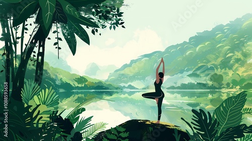Illustration of a Person Doing Yoga Outdoors with Lush Greenery and a Calm Lake