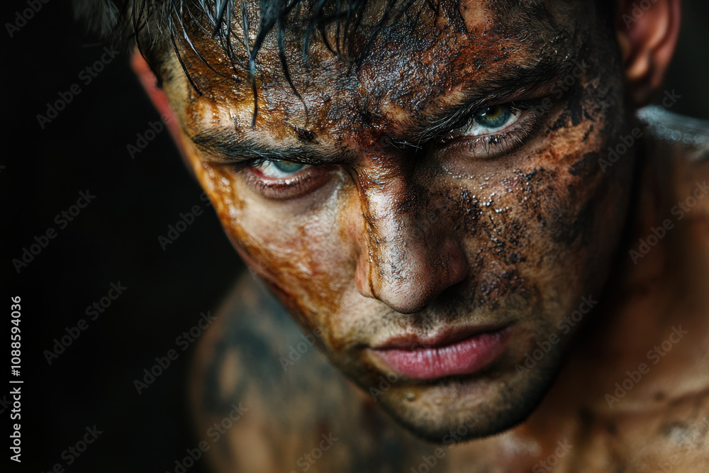 Intense portrait of a young Caucasian male with mud-covered face and piercing green eyes, exuding a rugged and fierce appearance in dim lighting. Intense portrait of a young Caucasian male with mud-covered face and piercing green eyes, exuding a rugged and fierce appearance in dim lighting.