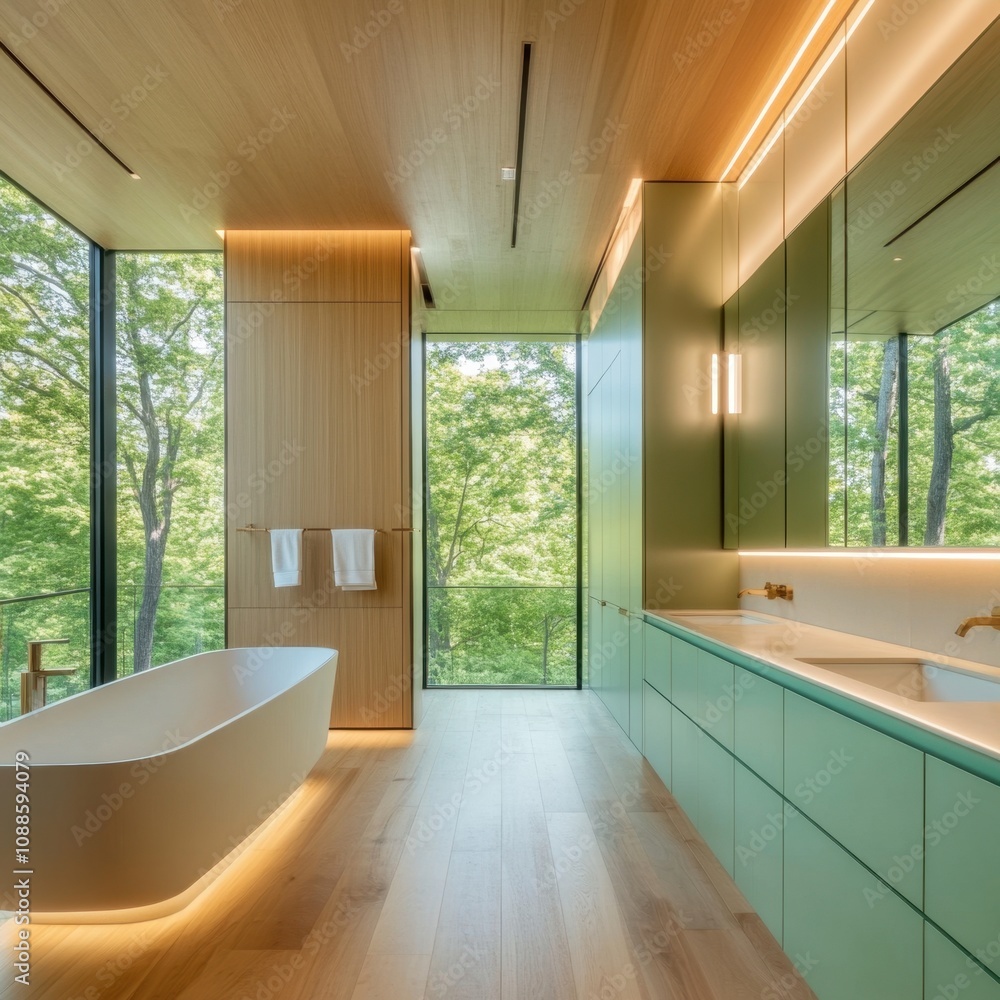 Fototapeta premium A bathroom with a white bathtub and green cabinets