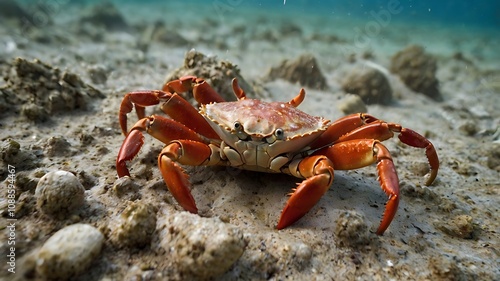 Write a narrative from the perspective of a crab living on a bustling seafloor. Describe its daily life