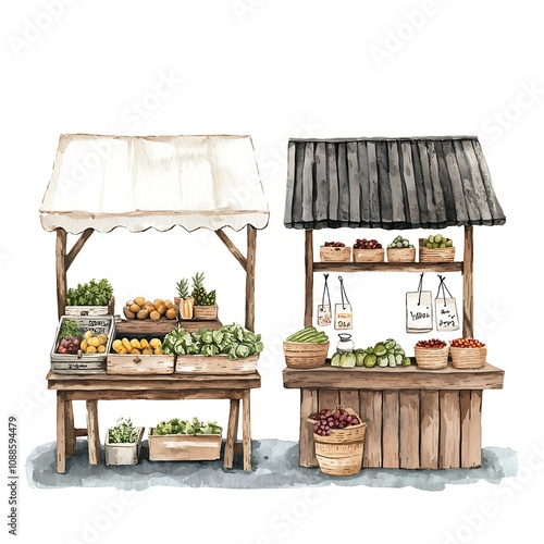 Watercolor Painting of Two Rustic Wooden Market Stalls Overflowing with Fresh Produce.  A charming illustration perfect for farmers market, healthy eating, or vintage design projects.