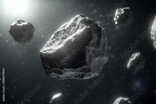 A futuristic spaceship glides gracefully through a stunning asteroid field in the vastness of space photo