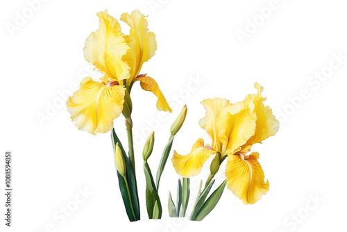 Watercolor yellow irises, beautiful flowers isolated on white background. Hand drawn floral illustration. Greeting card, Generative AI photo