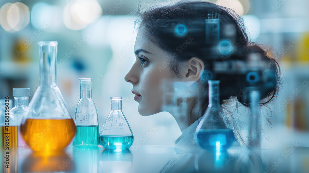 captivating double exposure image featuring woman profile with laboratory glassware captivating double exposure image featuring woman profile with laboratory glassware