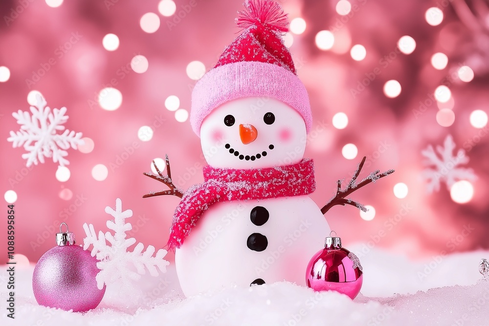 Whimsical Snowman with Pink Accents Celebrating the Winter Season Whimsical Snowman with Pink Accents Celebrating the Winter Season