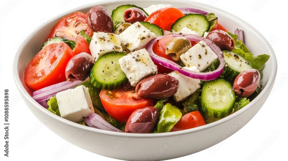 A vibrant bowl of Greek salad with ripe tomatoes, cucumbers, red onions A vibrant bowl of Greek salad with ripe tomatoes, cucumbers, red onions