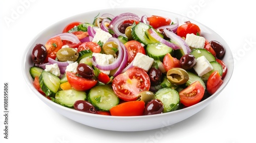 A vibrant bowl of Greek salad with ripe tomatoes, cucumbers, red onions