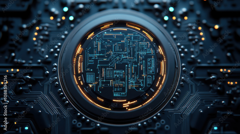 Fototapeta premium Futuristic circuit board with neon patterns and glowing elements
