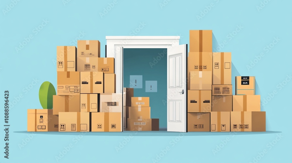 Illustration of many cardboard boxes placed in front of the door. blue background
Illustration of many cardboard boxes placed in front of the door. blue background