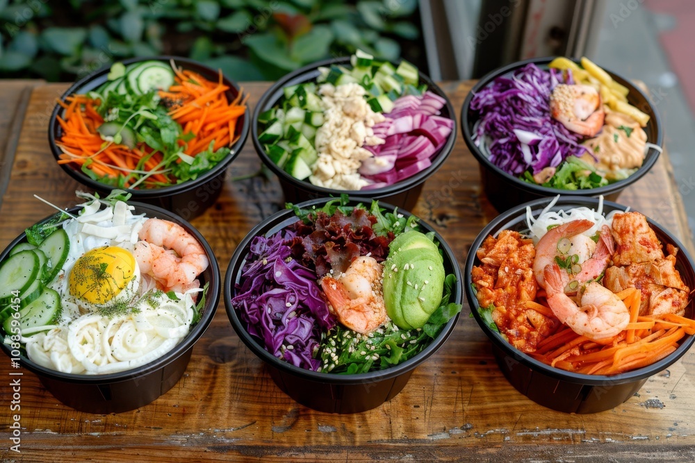 Delicious salad plates featuring fresh greens, veggies, avocado, eggs, chicken, and shrimp on wood Delicious salad plates featuring fresh greens, veggies, avocado, eggs, chicken, and shrimp on wood