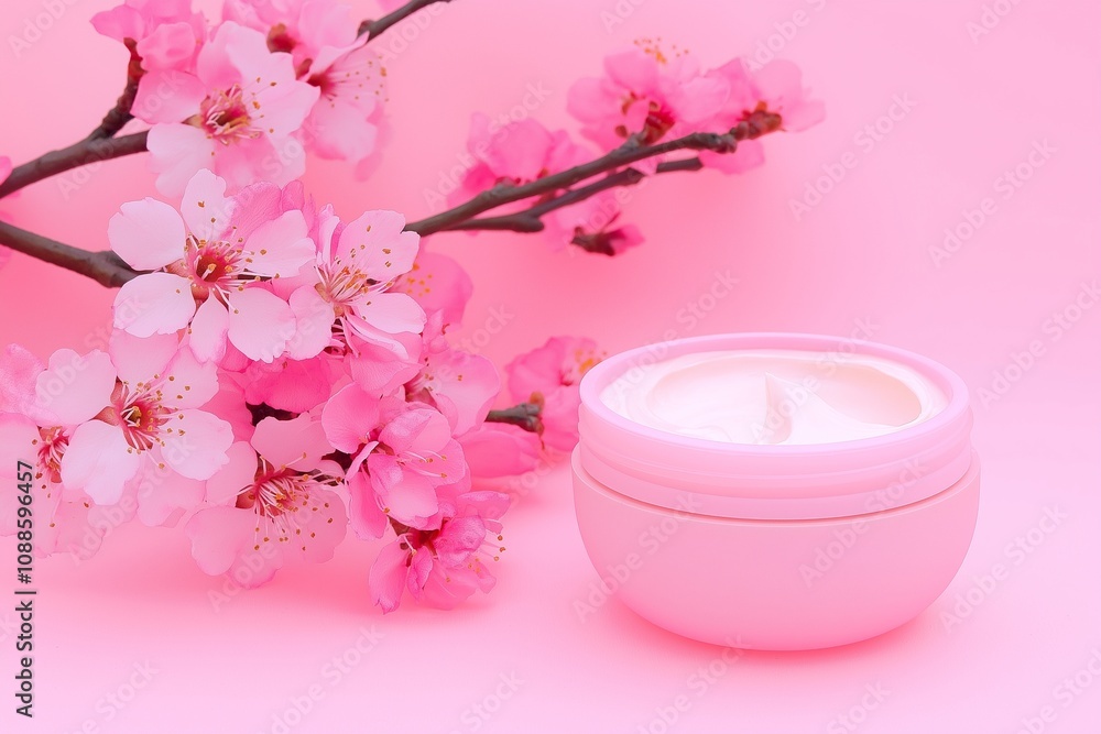 Cherry Blossoms and Moisturizing Cream on Pink Background Cherry Blossoms and Moisturizing Cream on Pink Background