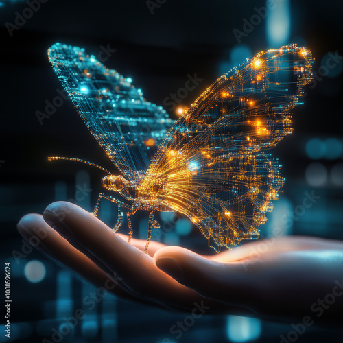 An abstract 3D illustration symbolizing the transformation of future technology in business, featuring a butterfly morphing and a human hand guiding the change. The image represents innovation, evolut photo