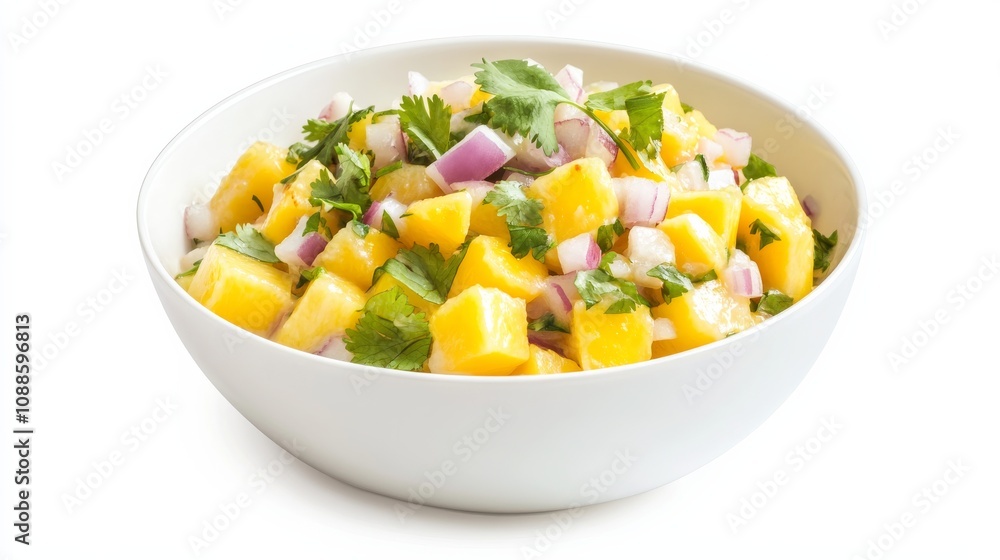 A vibrant bowl of mango coconut ceviche with diced red onions and cilantro, Each bite bursting with tropical flavors, Set against an isolated white background to accentuate its refreshing taste A vibrant bowl of mango coconut ceviche with diced red onions and cilantro, Each bite bursting with tropical flavors, Set against an isolated white background to accentuate its refreshing taste