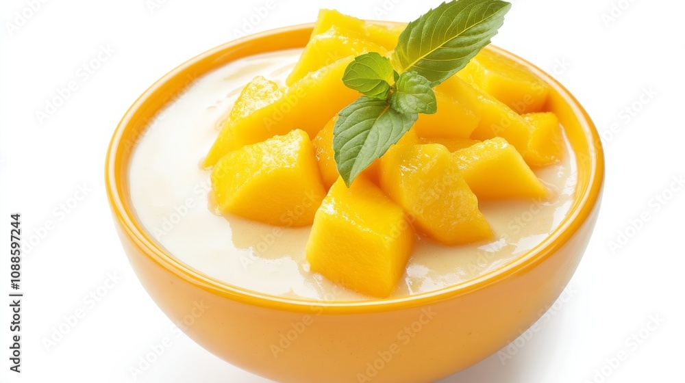 A vibrant bowl of mango coconut smoothie with ripe mango, coconut milk, yogurt A vibrant bowl of mango coconut smoothie with ripe mango, coconut milk, yogurt