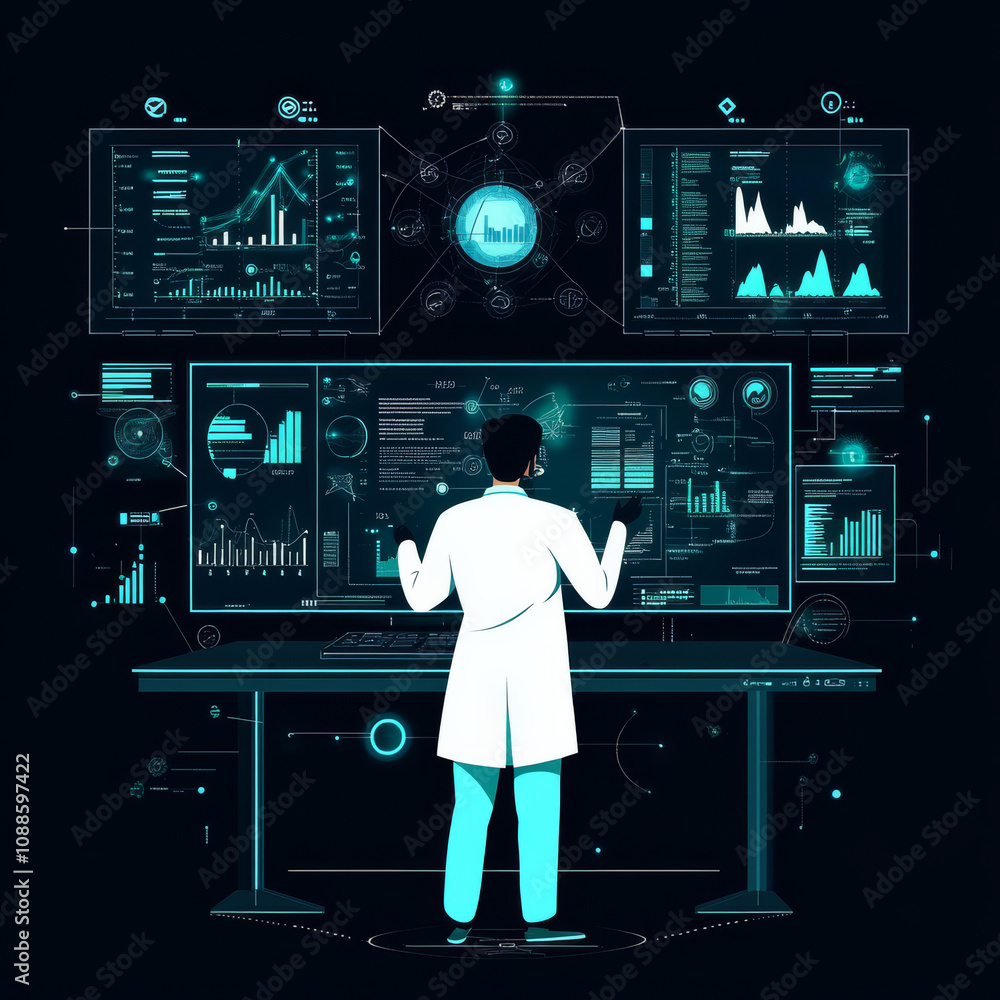 Data science and big data technology in action. A scientist analyzes and visualizes complex datasets on a computer, using data mining, artificial intelligence, machine learning, and business analytics Data science and big data technology in action. A scientist analyzes and visualizes complex datasets on a computer, using data mining, artificial intelligence, machine learning, and business analytics