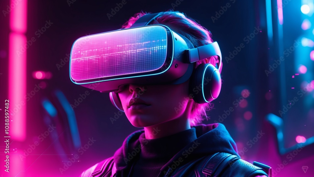 Woman Wearing VR Headset in Neon Lit Environment - A person experiencing virtual reality in a futuristic, neon-themed setting. Woman Wearing VR Headset in Neon Lit Environment - A person experiencing virtual reality in a futuristic, neon-themed setting.