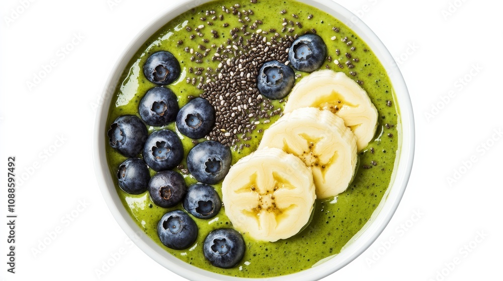 A vibrant bowl of matcha smoothie topped with banana slices, blueberries, and chia seeds A vibrant bowl of matcha smoothie topped with banana slices, blueberries, and chia seeds