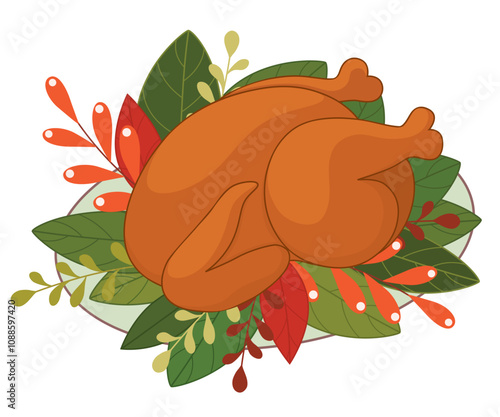 Roasted turkey on plate decorated with leaves and flowers for Happy Thanksgiving.