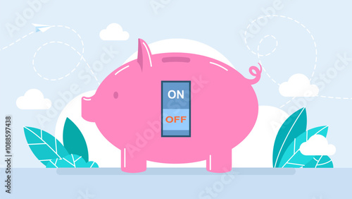 Saving or accumulating money. Pink piggy bank with switch. Reducing of electricity consumption for money savings due to expensive bills. Concept of banking or business services. Vector illustration