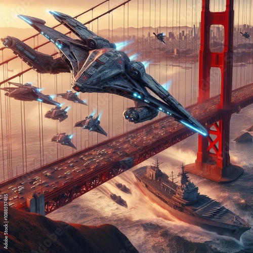 Defiant engaging Dominion ships over the Golden Gate Bridge A fi