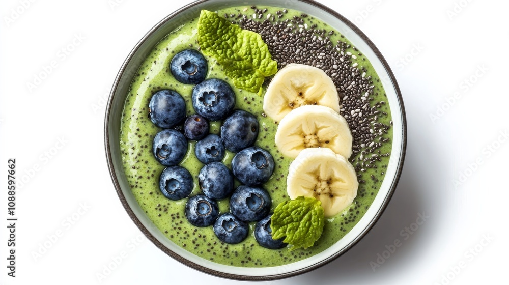 A vibrant bowl of matcha smoothie topped with banana slices, blueberries, and chia seeds A vibrant bowl of matcha smoothie topped with banana slices, blueberries, and chia seeds