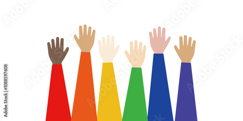 Rainbow people raising hands. Community, support, diversity, care, society, peace, LGBTQIA concept. Flat people vector design illustration isolated on white background. 