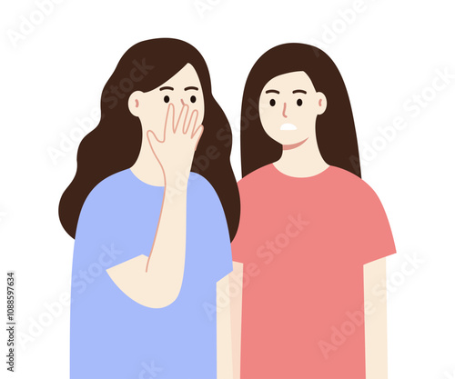 Women having secret conversation. Girls whispering and talking gossips. Flat vector people character design illustration isolated on white background.