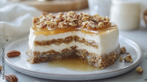 Delicious Layers of Creamy Dessert with Crushed Nuts and Caramel Drizzle Perfect for Special Occasions and Celebrations