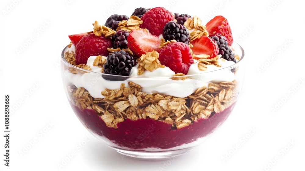 A vibrant bowl of mixed berry parfait with layers of Greek yogurt, granola, and fresh berries A vibrant bowl of mixed berry parfait with layers of Greek yogurt, granola, and fresh berries