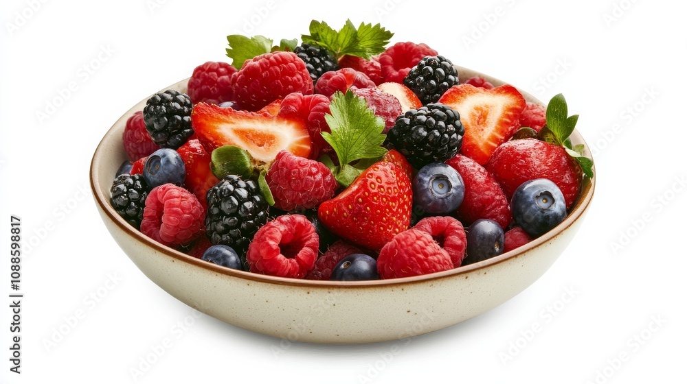 A vibrant bowl of mixed berry salad with strawberries, raspberries, blueberries A vibrant bowl of mixed berry salad with strawberries, raspberries, blueberries