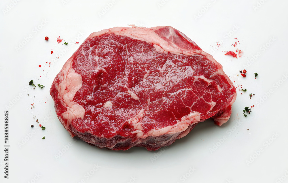 Fresh raw ribeye steak on white background, garnished with spices Fresh raw ribeye steak on white background, garnished with spices