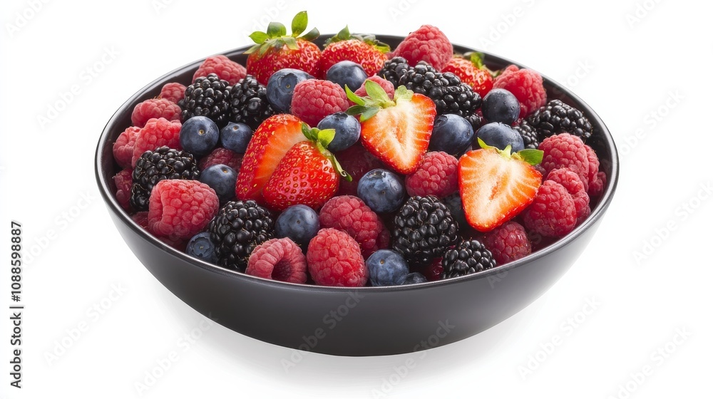 A vibrant bowl of mixed berry salad with strawberries, raspberries, blueberries A vibrant bowl of mixed berry salad with strawberries, raspberries, blueberries