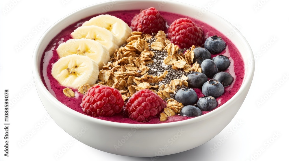 A vibrant bowl of mixed berry smoothie bowl topped with granola, sliced banana, and chia seeds A vibrant bowl of mixed berry smoothie bowl topped with granola, sliced banana, and chia seeds